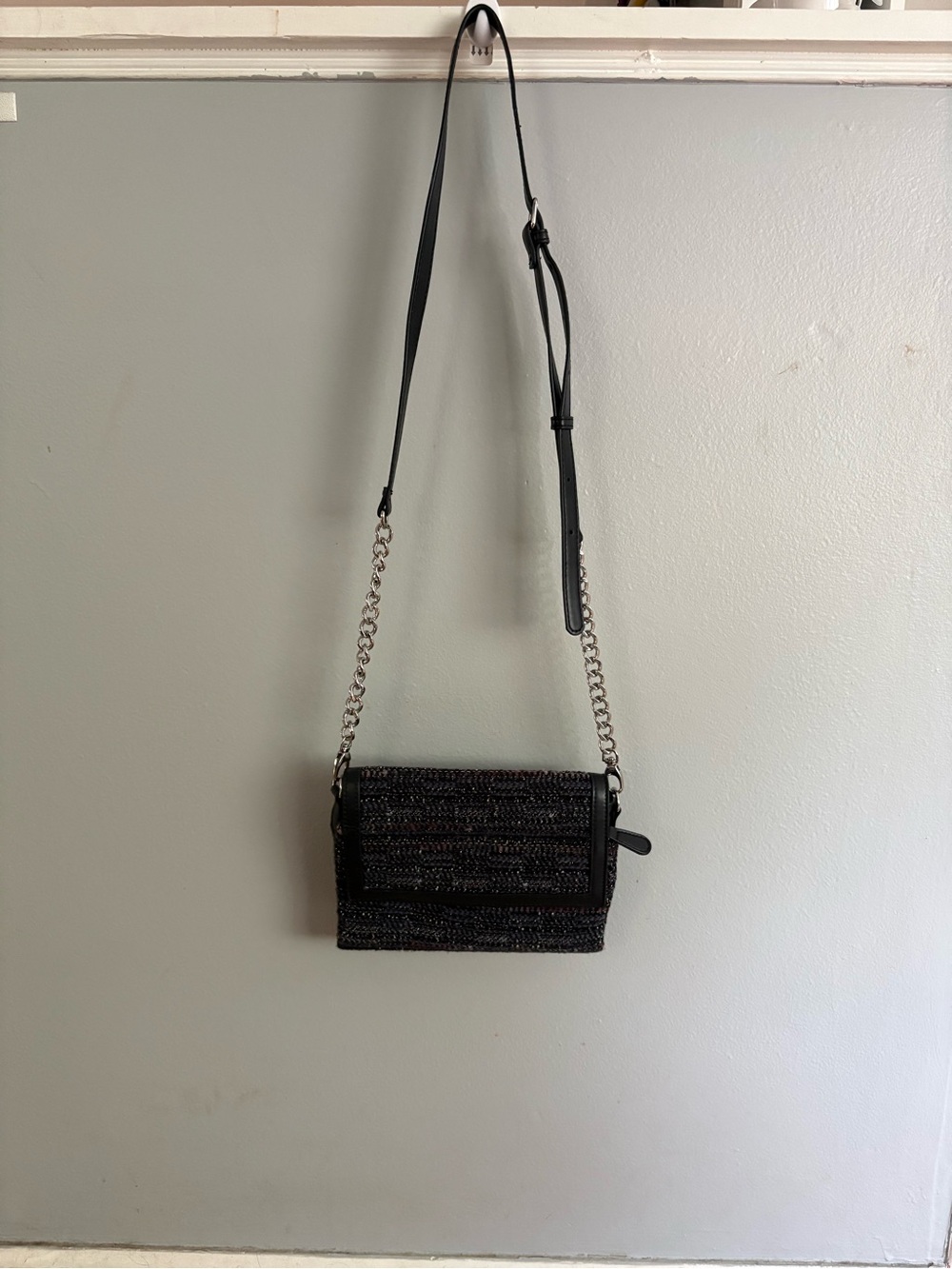 White House Black Market Black Woven Crossbody with Silver Chain